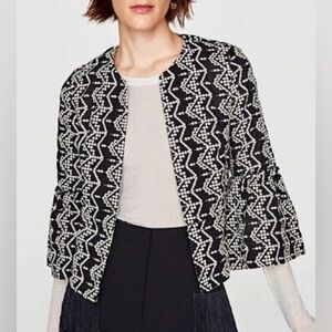 Zara Basics Black & Ivory Embroidered Geometric Jacket — Size Small